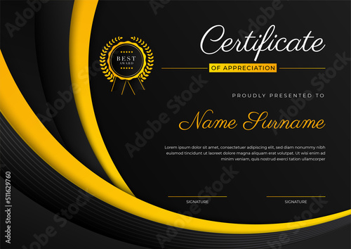 Modern black and yellow certificate of achievement award template with badge and border for business and corporate