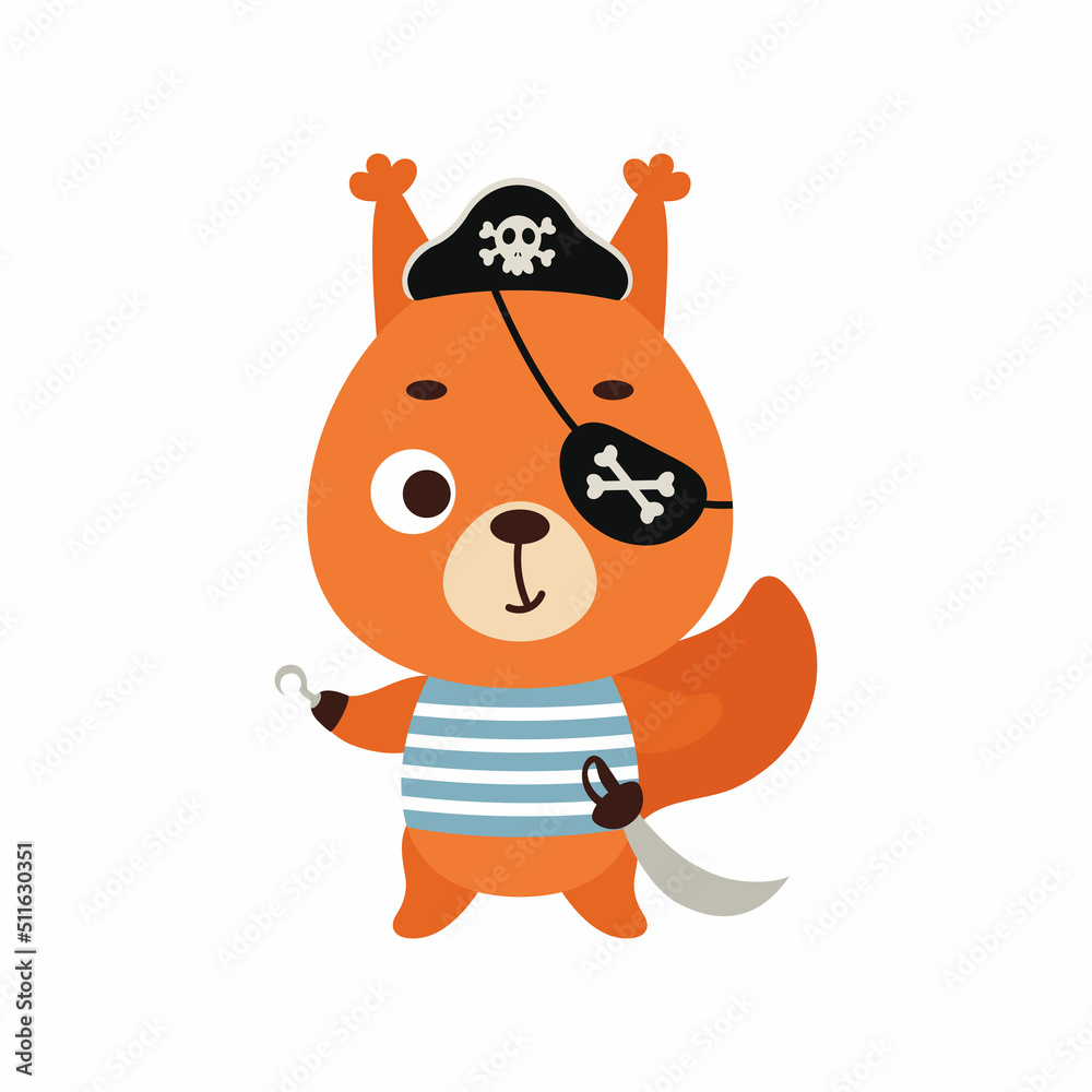 Cute little pirate squirrel with hook and blindfold. Cartoon animal character for kids t-shirts, nursery decoration, baby shower, greeting card, invitation, house interior. Vector stock illustration