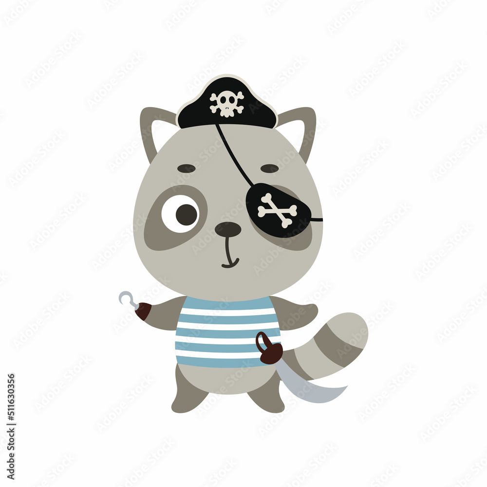 Cute little pirate raccoon with hook and blindfold. Cartoon animal character for kids t-shirts, nursery decoration, baby shower, greeting card, invitation, house interior. Vector stock illustration