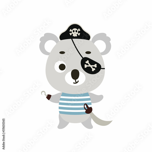Cute little pirate koala with hook and blindfold. Cartoon animal character for kids t-shirts  nursery decoration  baby shower  greeting card  invitation  house interior. Vector stock illustration