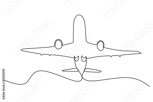 Single line drawing : commercial airplane takeoff and climb. Takeoff is the phase of flight in which an aerospace vehicle leaves the ground and becomes airborne. Vector illustration for transportation
