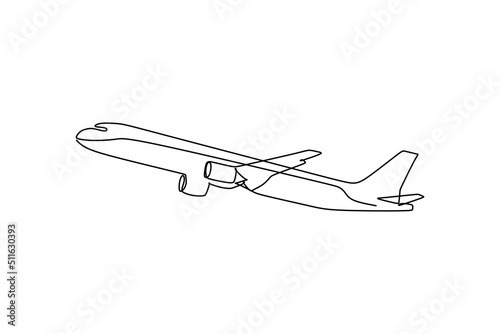 Single line drawing : commercial airplane takeoff and climb. Takeoff is the phase of flight in which an aerospace vehicle leaves the ground and becomes airborne. Vector illustration for transportation