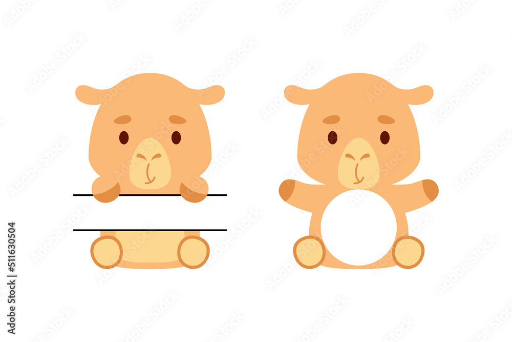 Cute little camel split monogram. Funny cartoon character for kids t-shirts, nursery decoration, baby shower, greeting cards, invitations, scrapbooking, home decor. Vector stock illustration Cute little camel split monogram. Funny cartoon character for kids t-shirts, nursery decoration, baby shower, greeting cards, invitations, scrapbooking, home decor. Vector stock illustration