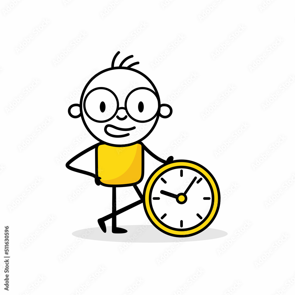 Businessman leaning on a clock on white background. Hand drawn doodle man. Vector stock illustration Businessman leaning on a clock on white background. Hand drawn doodle man. Vector stock illustration