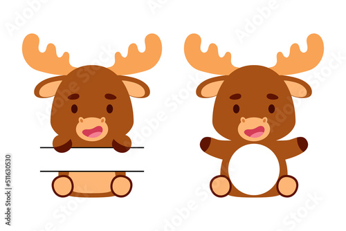 Cute little moose split monogram. Funny cartoon character for kids t-shirts, nursery decoration, baby shower, greeting cards, invitations, scrapbooking, home decor. Vector stock illustration