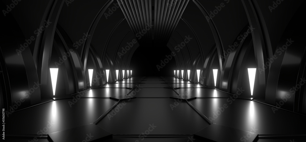 Fototapeta premium A dark tunnel lit by white neon lights. Reflections on the floor and walls. 3d rendering image.