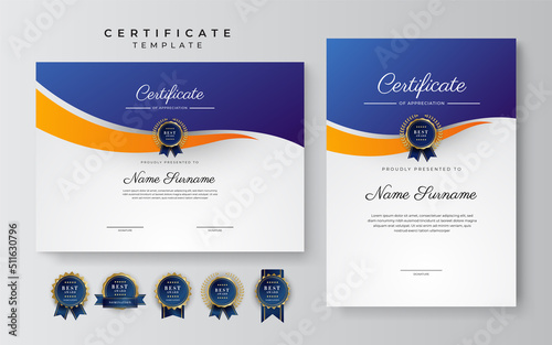 Modern blue and orange certificate of achievement award template with badge and border for business and corporate