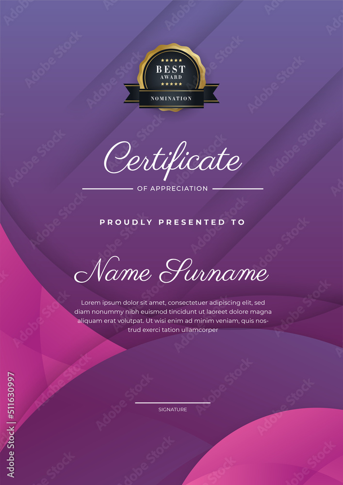 Modern pink and purple certificate of achievement award template with ...