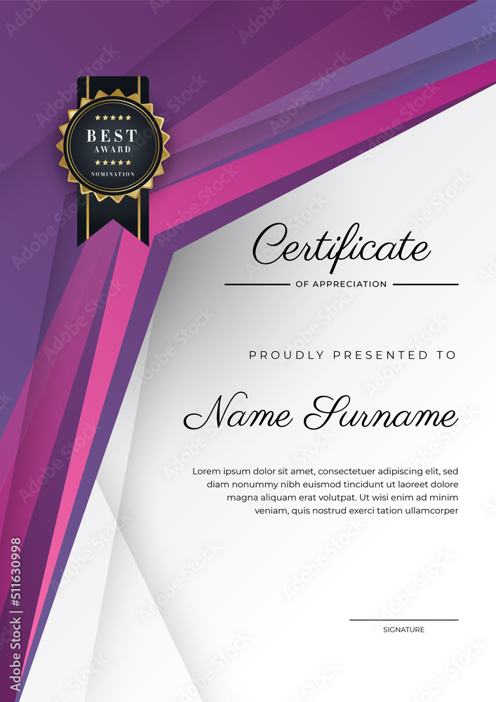 Modern pink and purple certificate of achievement award template with ...