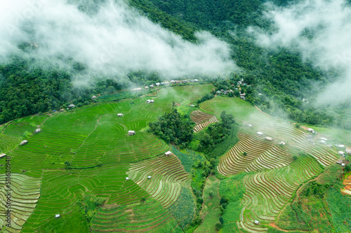 Aerial view Beautiful of sunrise with cloud scapse on high mountains. rice terraces. Baan Pa Pong Pieng, Mae jam Chiang mai.	 photo