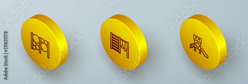 Set Isometric line Playground climbing equipment, Swedish wall and Slide playground icon. Vector