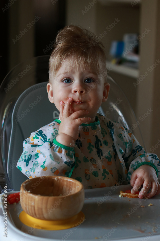Baby eating by himself learning through the Baby-led Weaning method, exploring the food Baby eating by himself learning through the Baby-led Weaning method, exploring the food