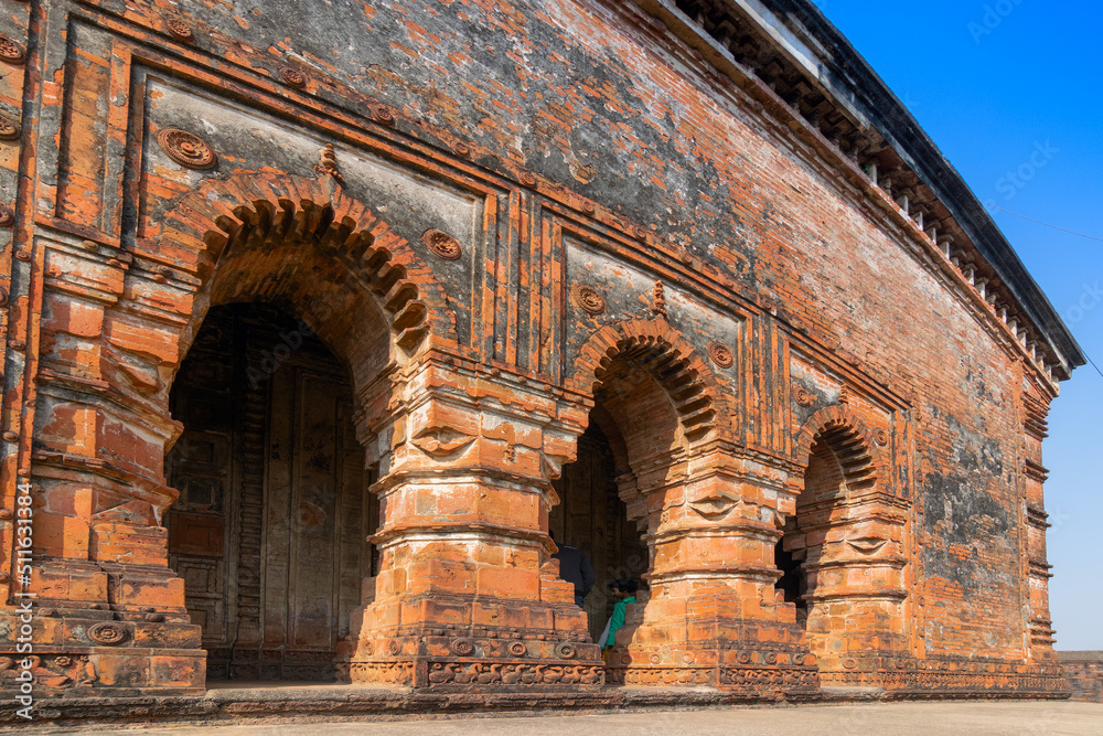 Famous terracotta (fired clay of a brownish-red colour, used as ornamental building material) artworks at Madanmohan Temple, Bishnupur, West Bengal, India. It is popular UNESCO heritage site of India.