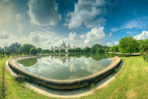 Beautiful panoramic image of Victoria Memorial  Kolkata   Calcutta  West Bengal  India . A Historical Monument of Indian Architecture. Huge lake in foregreound  stock image.