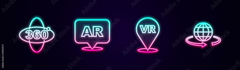 Set line 360 degree view, Augmented reality AR, Virtual and 3d modeling. Glowing neon icon. Vector Set line 360 degree view, Augmented reality AR, Virtual and 3d modeling. Glowing neon icon. Vector