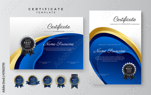 Modern blue and gold certificate of achievement award template with badge and border for business and corporate