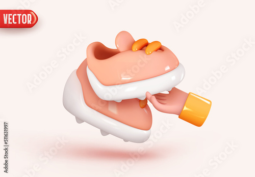 Stylish sneakers on pink background. Trendy creative concept hand is holding modern shoes sneakers. Footwear icons. Sports boots realistic 3d design. vector illustration