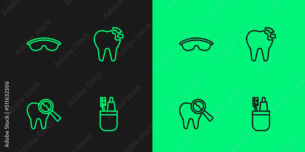 Set line Toothbrush and toothpaste, Broken, Safety goggle glasses and icon. Vector Set line Toothbrush and toothpaste, Broken, Safety goggle glasses and icon. Vector