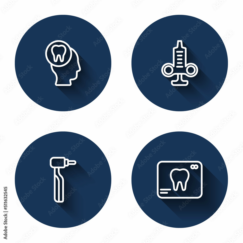 Set line Toothache, Syringe, drill and X-ray of tooth with long shadow. Blue circle button. Vector Set line Toothache, Syringe, drill and X-ray of tooth with long shadow. Blue circle button. Vector