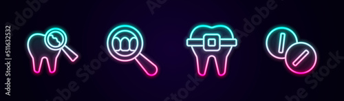 Set line Broken tooth, Dental search, Teeth with braces and Toothache painkiller tablet. Glowing neon icon. Vector