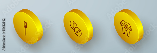 Set Isometric line Toothbrush, Toothache painkiller tablet and Teeth with braces icon. Vector
