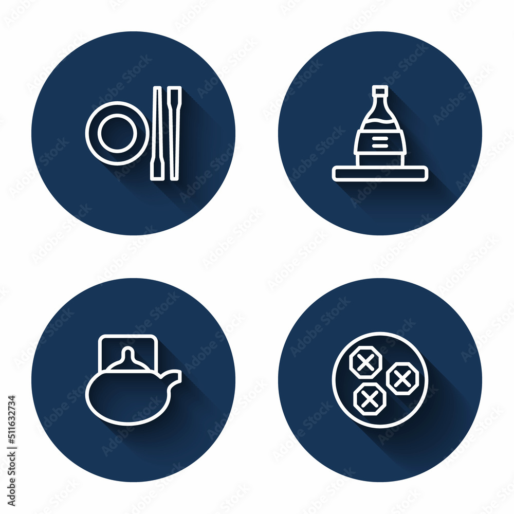 Set line Food chopsticks with plate, Bottle of sake, Traditional tea ceremony and Wonton with long shadow. Blue circle button. Vector Set line Food chopsticks with plate, Bottle of sake, Traditional tea ceremony and Wonton with long shadow. Blue circle button. Vector