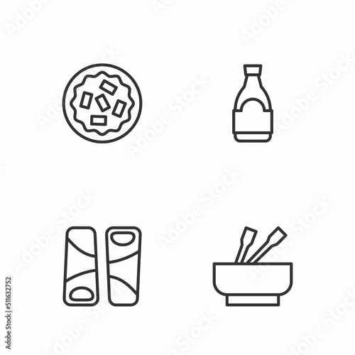 Set line Asian noodles in bowl, Guotie, Homemade pie and Soy sauce bottle icon. Vector