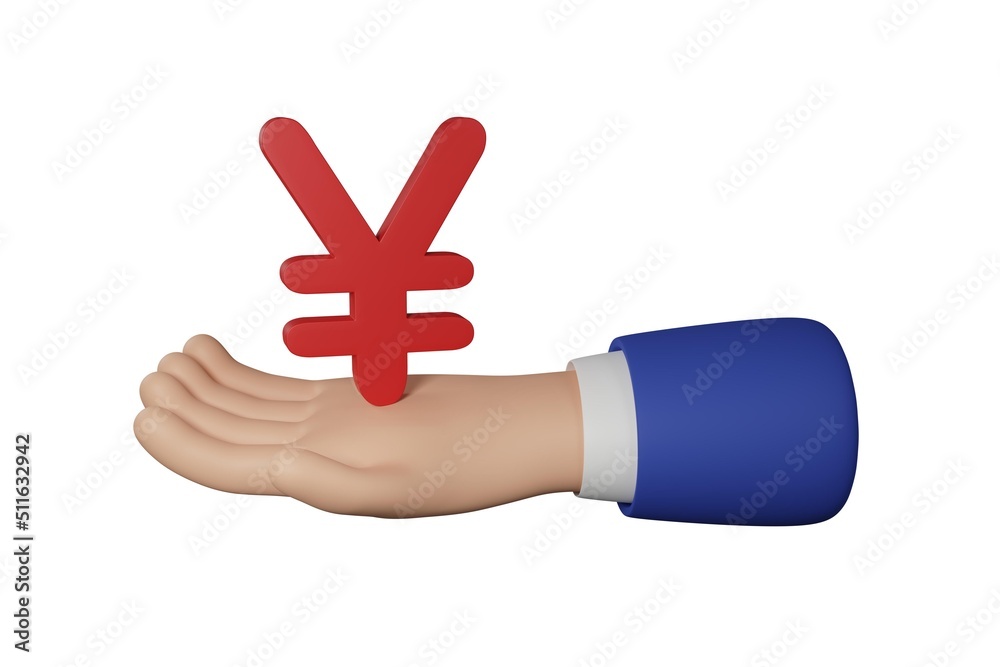3D Cartoon businessman character hand holds a yen sign isolated on white background. Hand gesture friendly funny style. 3d rendering 3D Cartoon businessman character hand holds a yen sign isolated on white background. Hand gesture friendly funny style. 3d rendering