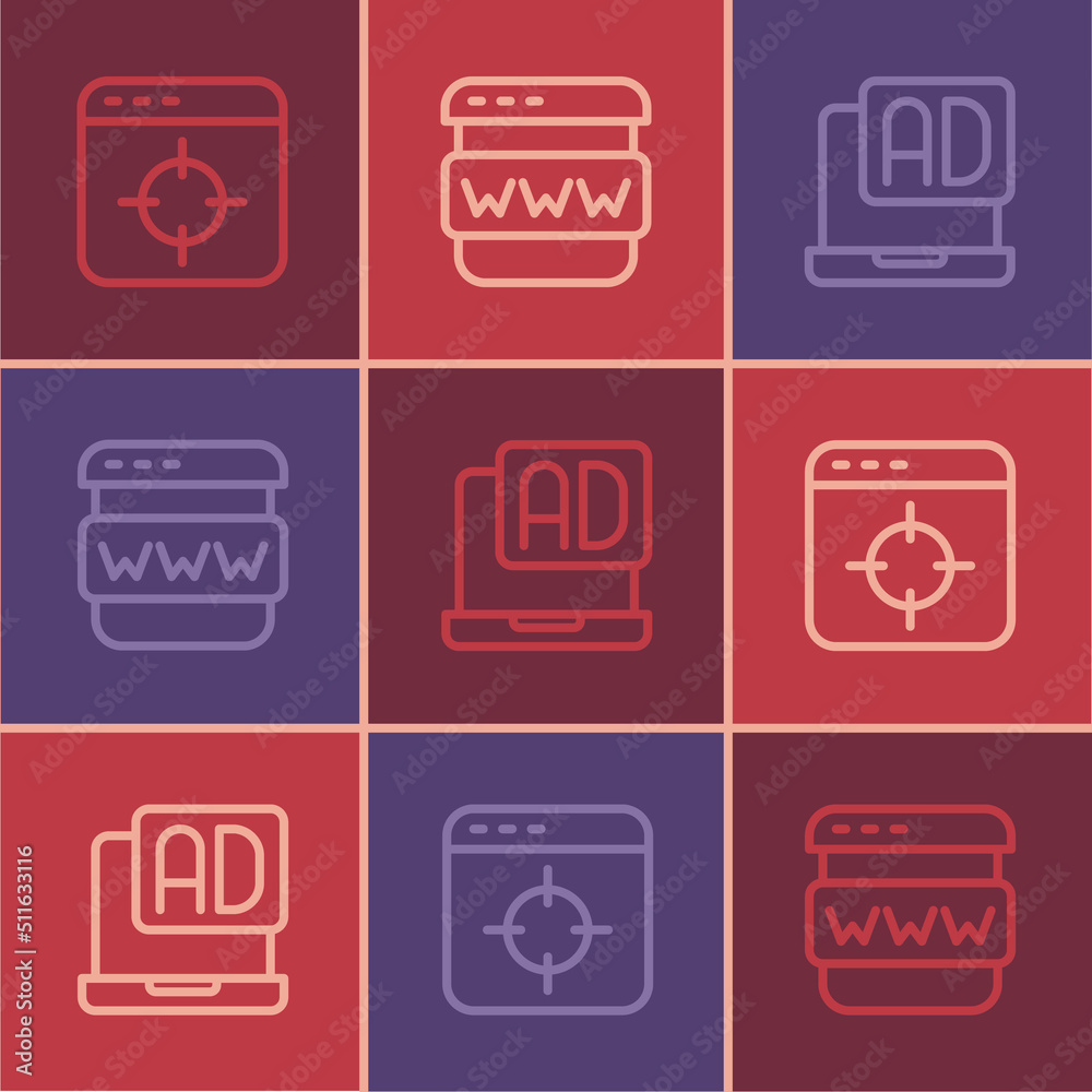 Set line Target financial goal, Advertising and Browser window icon. Vector Set line Target financial goal, Advertising and Browser window icon. Vector
