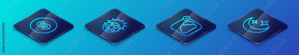 Set Isometric line Weather forecast app, Compass south, Moon and stars and Eclipse of sun icon. Vector Set Isometric line Weather forecast app, Compass south, Moon and stars and Eclipse of sun icon. Vector