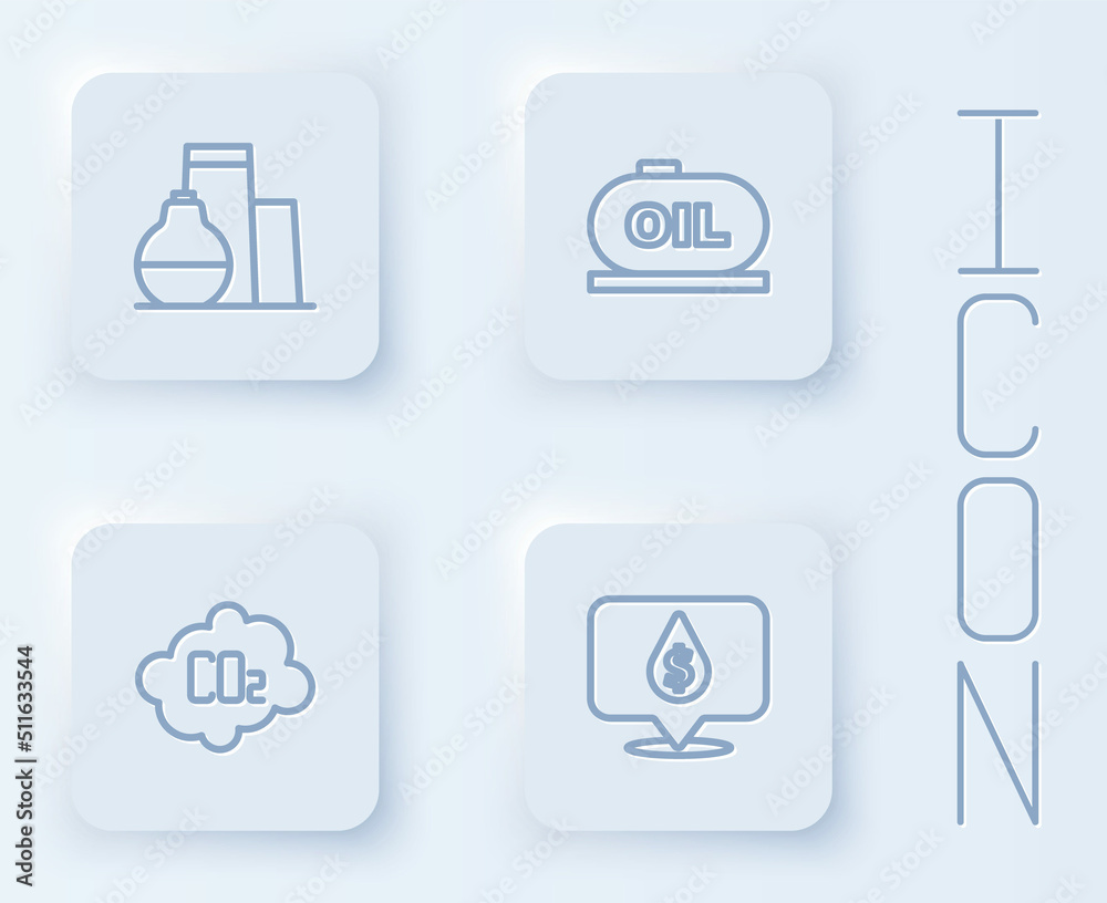 Set line Oil tank storage, CO2 emissions in cloud and drop with dollar symbol. White square button. Vector Set line Oil tank storage, CO2 emissions in cloud and drop with dollar symbol. White square button. Vector