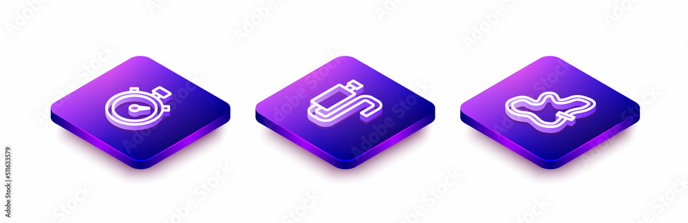Set Isometric line Stopwatch, Car muffler and Racing track icon. Vector Set Isometric line Stopwatch, Car muffler and Racing track icon. Vector