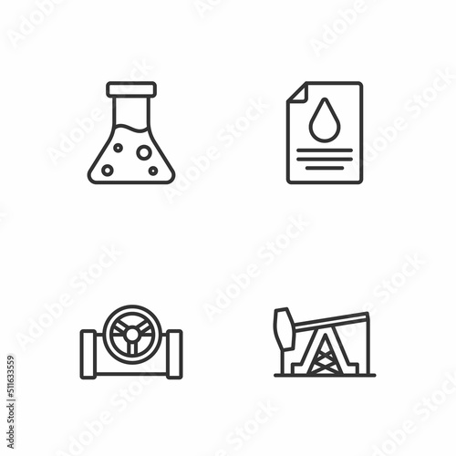 Set line Oil pump or pump jack  pipe with valve  petrol test tube and Contract money and pen icon. Vector