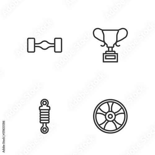 Set line Alloy wheel for car, Shock absorber, Chassis and Award cup icon. Vector