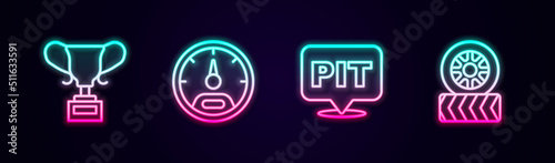 Set line Award cup, Speedometer, Pit stop and Car tire wheel. Glowing neon icon. Vector