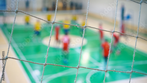 Sport mesh on blurred background of volleyball game, indoor. Teamwork concept, selective focus.