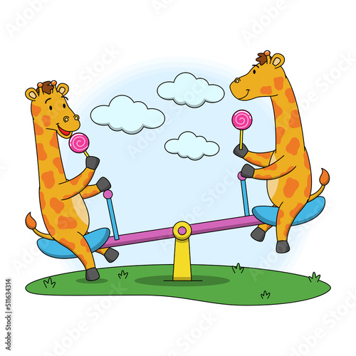 Cartoon illustration of giraffe playing with a seesaw