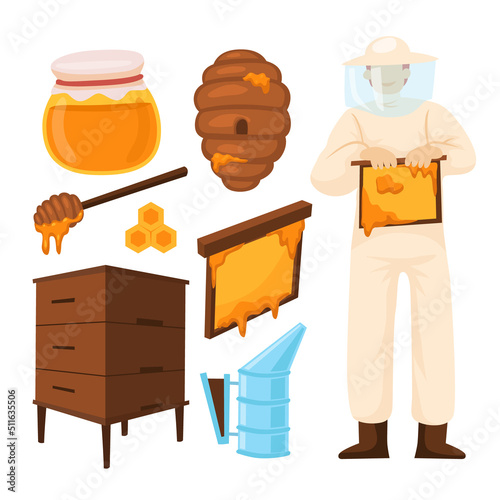 Hand drawn set of Cute Beekeeper Objects Character Elements,  Vector illustration set with honey, beehive, jar, and smoker 