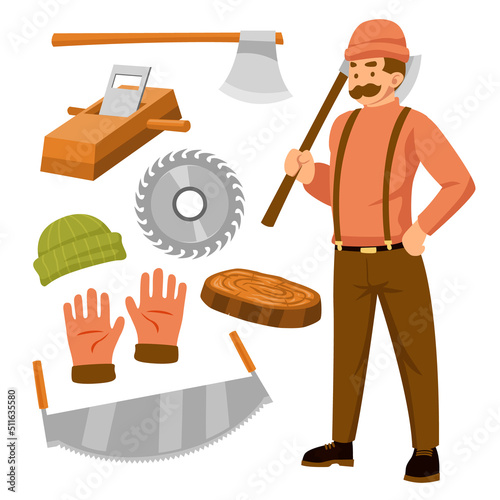 Hand drawn set of Sawmil icons Elements Tools or Equipments, Vector illustration set with chainsaw, log, trunk, gloves, and chainsaw carpentary