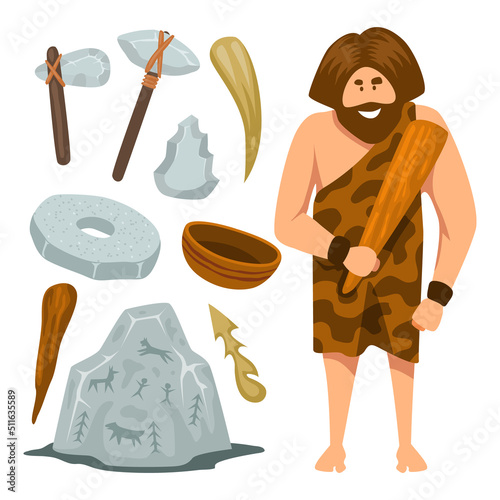 Hand drawn set of Primitive icons Elements Tools or Equipments, Vector illustration set stone axe, stone painting
