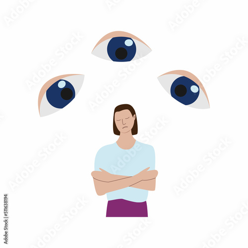 Sad girl under close supervision. The eyes are watching. Vector illustration in flat style. Depression, vulnerability.