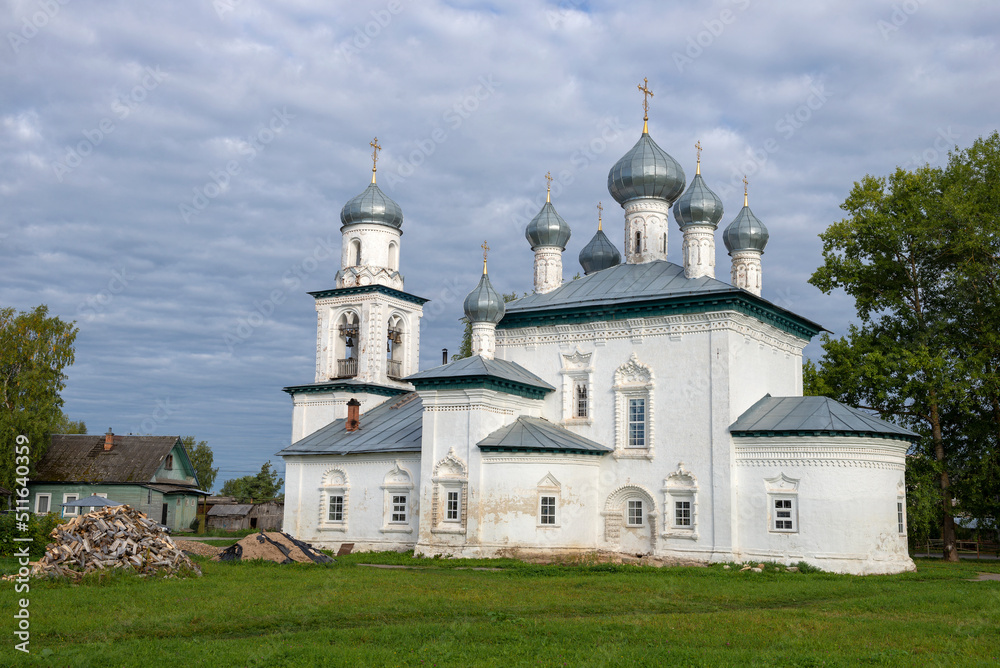 Ancient Church of the Nativity of the Virgin (1680) on a cloudy August morning. Kargopol, Russia