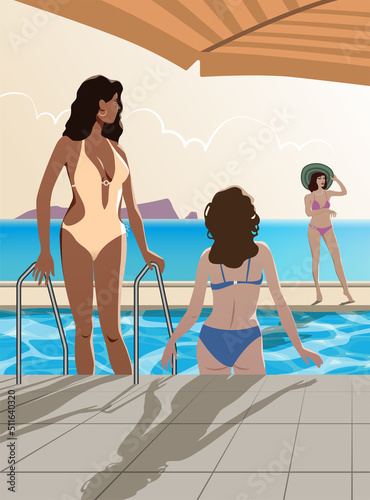Girls are relaxing near the pool by the sea. Vector.