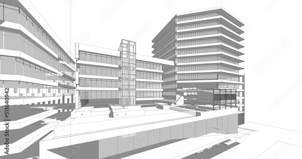 Architecture background. Perspective 3d Wireframe of building design.