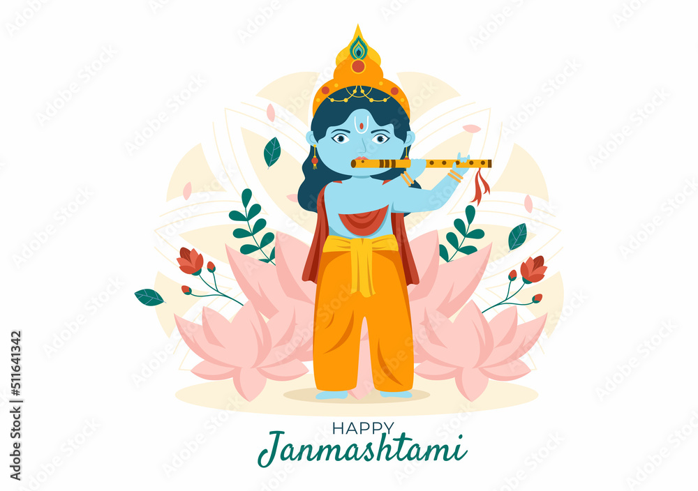 Happy Krishna Janmashtami festival of India with Bansuri and Flute, Dahi Handi and Peacock Feather in Flat Cute Cartoon Background Illustration Happy Krishna Janmashtami festival of India with Bansuri and Flute, Dahi Handi and Peacock Feather in Flat Cute Cartoon Background Illustration