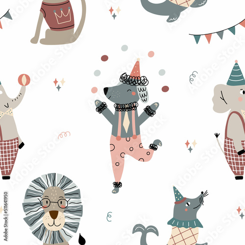 Seamless pattern with cute circus animals. Vector illustration isolated on white background for textile and nursery decoration.