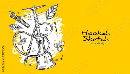 Hand-drawn hookah set. Tobacco leaves, hookah, coal tongs, coal. Sketches for decoration of premises, menus, advertising, for prints on clothes and for design of leaflets