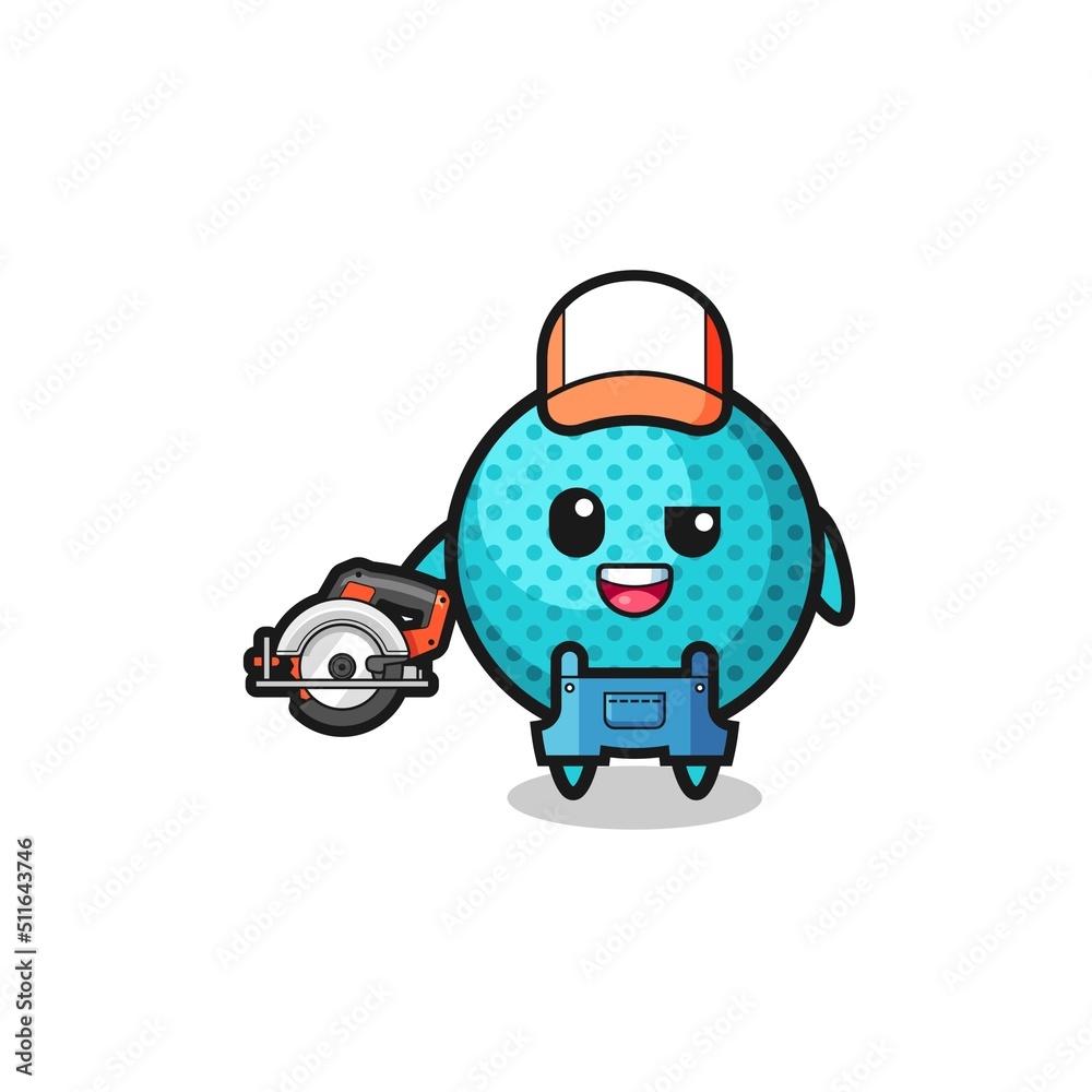 the woodworker spiky ball mascot holding a circular saw