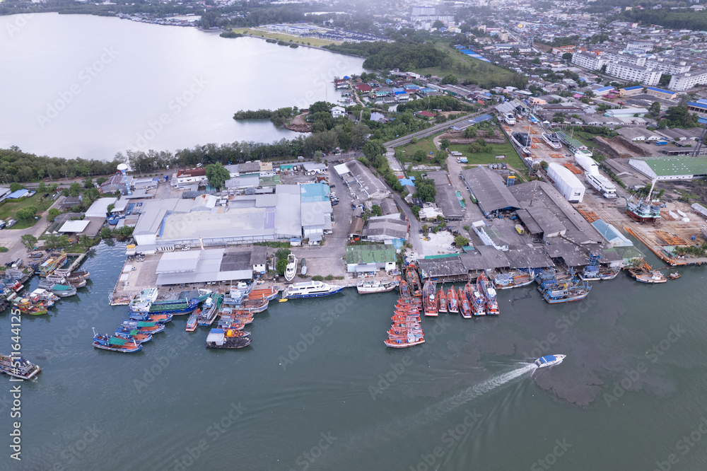 Aerial view of Phuket Fishing port is the largest fishing port Located at koh siray Island Phuket Thailand