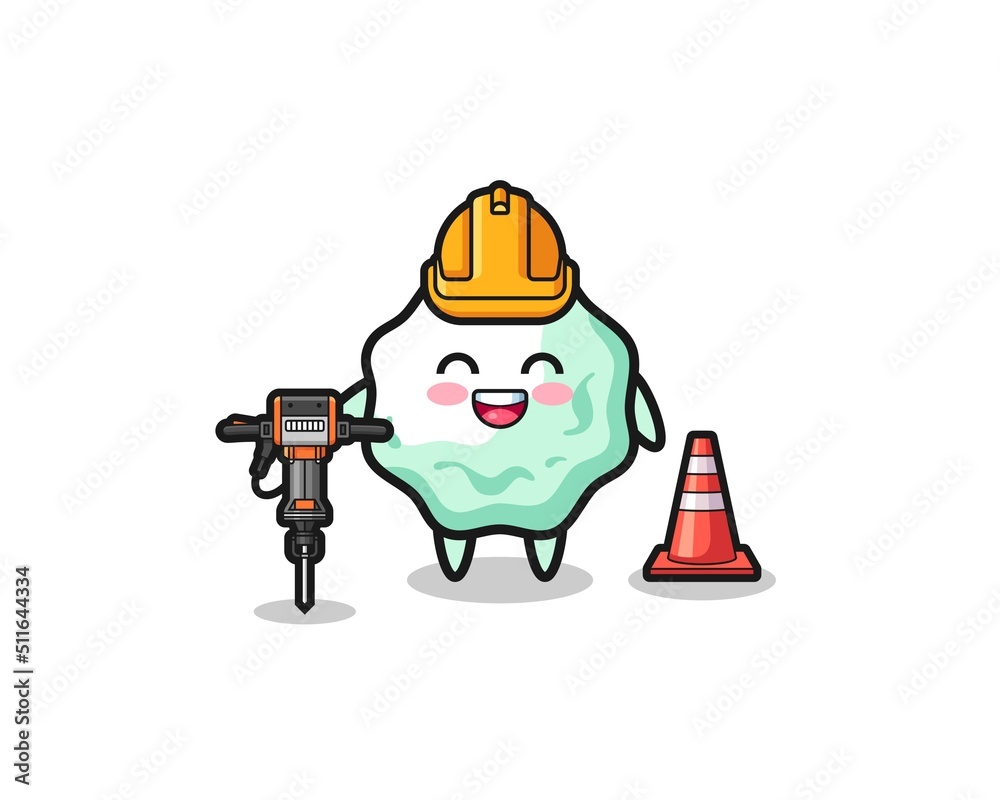 road worker mascot of chewing gum holding drill machine